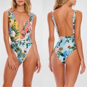 Agua Bendita Ellis One Piece Swimsuit Blue Floral Plunge Open Back Size L NWT